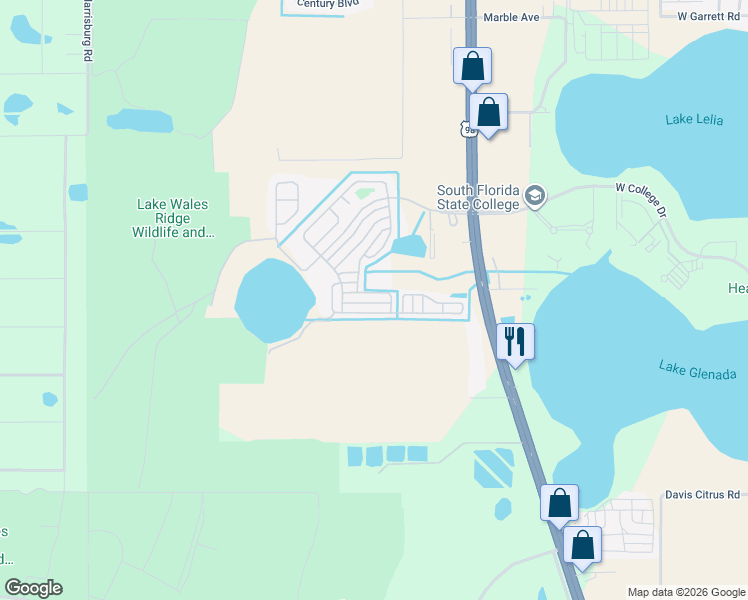 map of restaurants, bars, coffee shops, grocery stores, and more near East Allan Circle in Avon Park