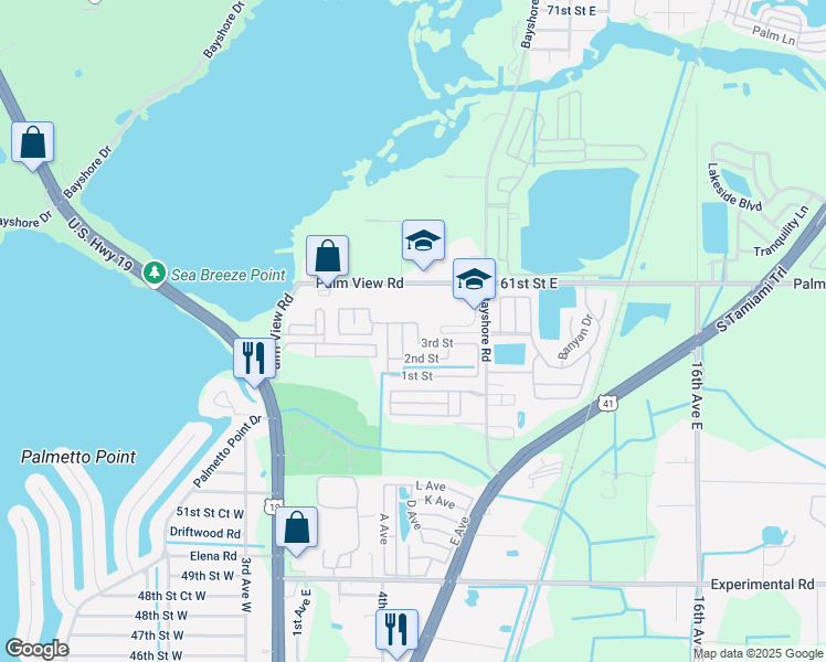 map of restaurants, bars, coffee shops, grocery stores, and more near 5619 Bayshore Road in Palmetto