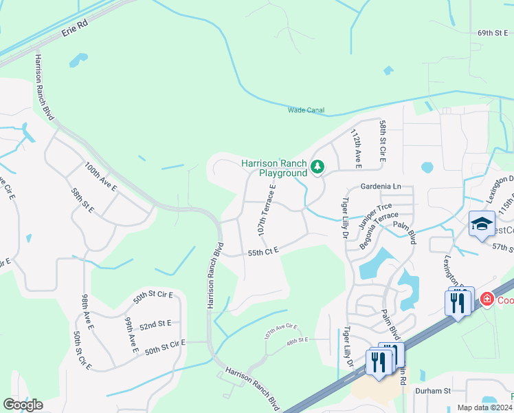 map of restaurants, bars, coffee shops, grocery stores, and more near 10617 56th Street East in Parrish