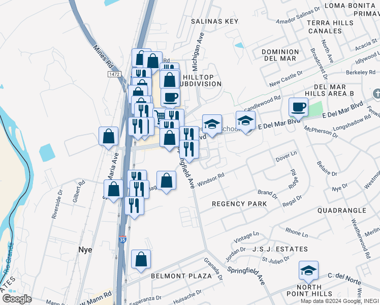 map of restaurants, bars, coffee shops, grocery stores, and more near 120 West Village Boulevard in Laredo