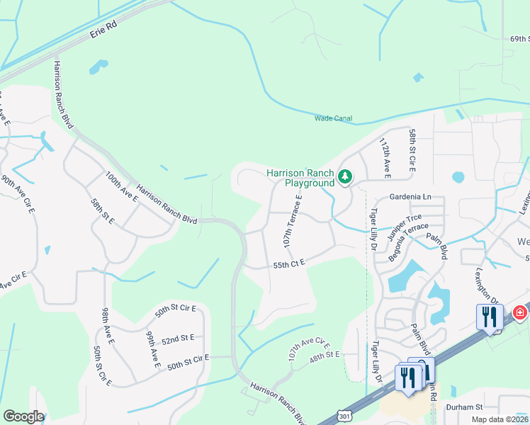 map of restaurants, bars, coffee shops, grocery stores, and more near 5529 106th Avenue East in Parrish