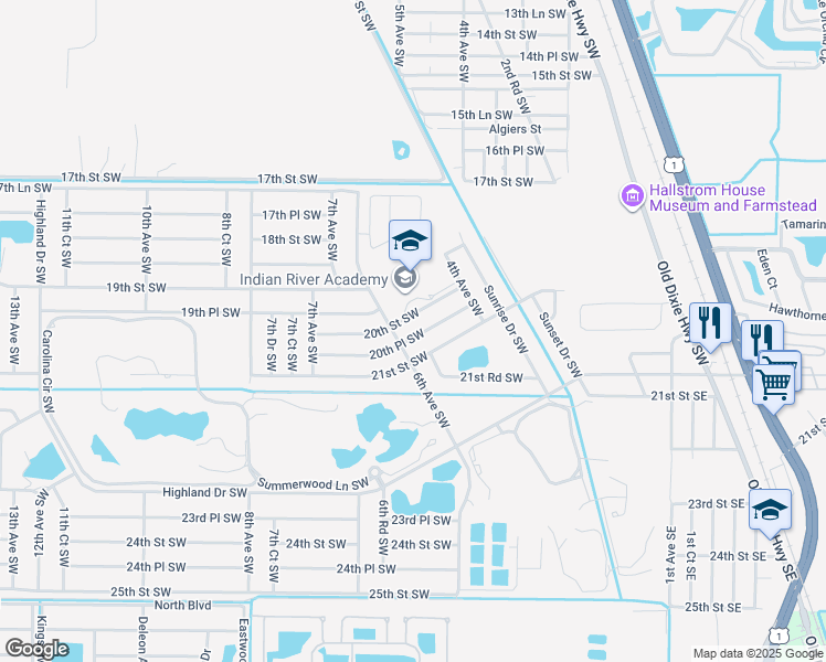 map of restaurants, bars, coffee shops, grocery stores, and more near 520 20th Place Southwest in Vero Beach