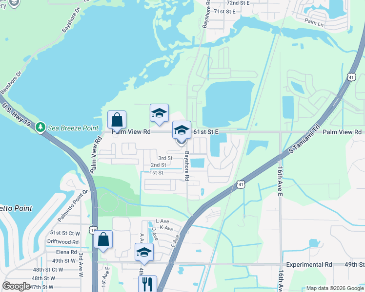 map of restaurants, bars, coffee shops, grocery stores, and more near 6025 Bayshore Rd in Palmetto