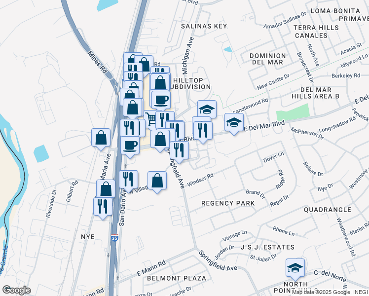 map of restaurants, bars, coffee shops, grocery stores, and more near 101 West Del Mar Boulevard in Laredo