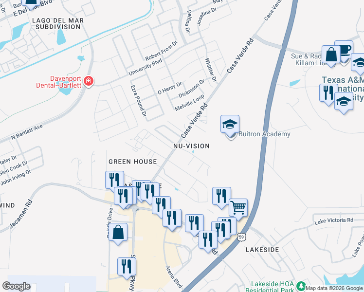 map of restaurants, bars, coffee shops, grocery stores, and more near 2404 Grisell Drive in Laredo