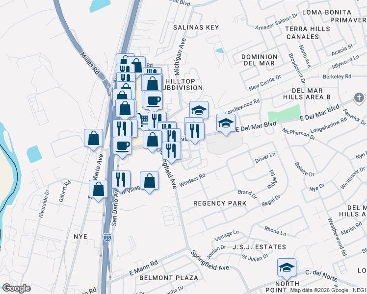 map of restaurants, bars, coffee shops, grocery stores, and more near 7058 West Village Boulevard in Laredo