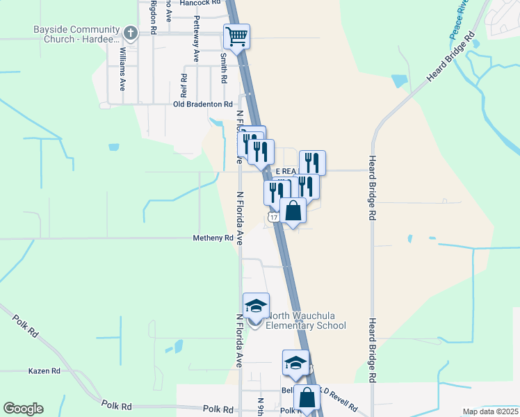 map of restaurants, bars, coffee shops, grocery stores, and more near 1451 Highway 17 in Wauchula