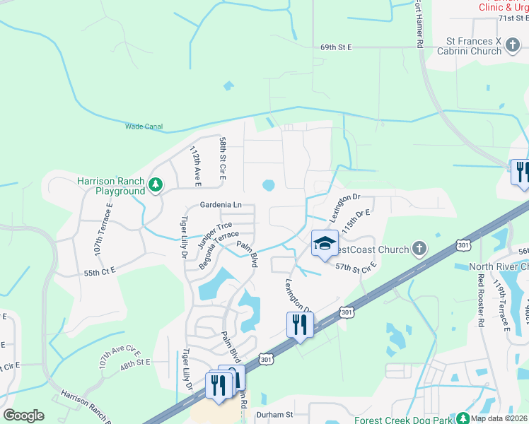 map of restaurants, bars, coffee shops, grocery stores, and more near 11443 57th Street East in Parrish