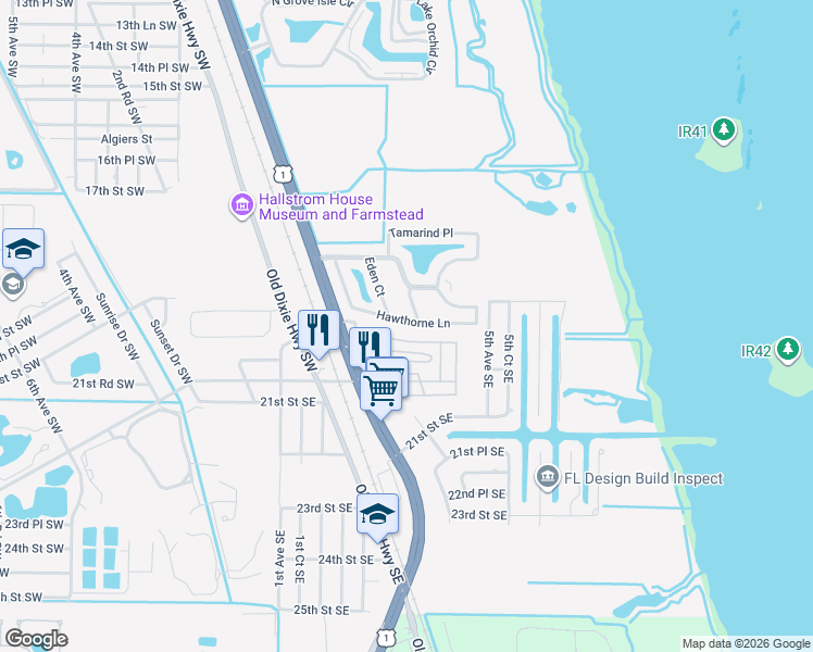 map of restaurants, bars, coffee shops, grocery stores, and more near 335 Hawthorne Lane in Vero Beach