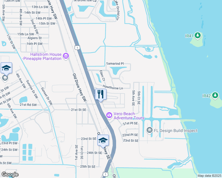 map of restaurants, bars, coffee shops, grocery stores, and more near 335 Hawthorne Lane in Vero Beach