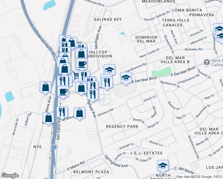 map of restaurants, bars, coffee shops, grocery stores, and more near 201 Martingale in Laredo