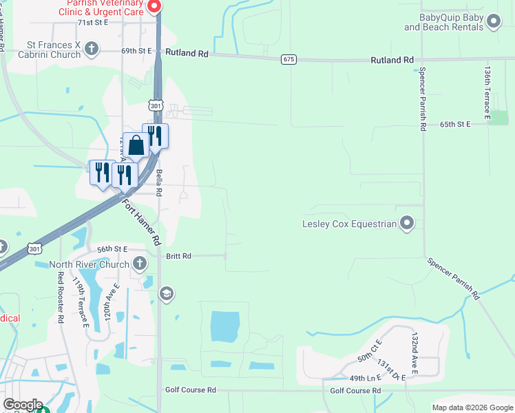 map of restaurants, bars, coffee shops, grocery stores, and more near 12355 Doris Road in Parrish