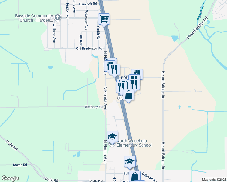 map of restaurants, bars, coffee shops, grocery stores, and more near 1451 Highway 17 in Wauchula