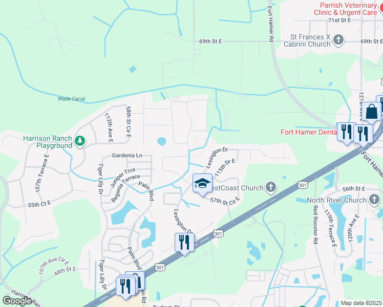 map of restaurants, bars, coffee shops, grocery stores, and more near 5736 114th Drive East in Parrish