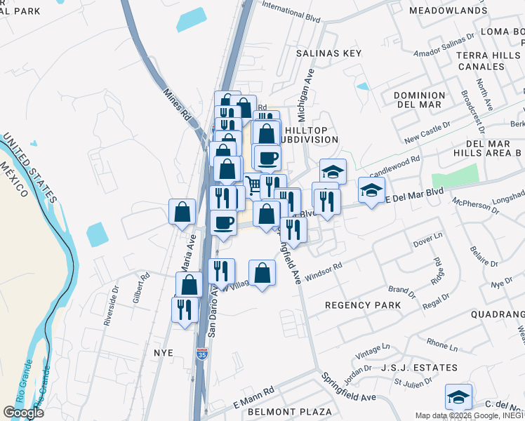 map of restaurants, bars, coffee shops, grocery stores, and more near 210 West Del Mar Boulevard in Laredo