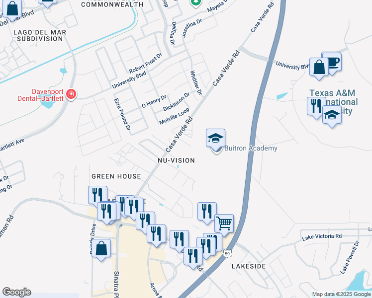 map of restaurants, bars, coffee shops, grocery stores, and more near 4212 Casa Verde Road in Laredo