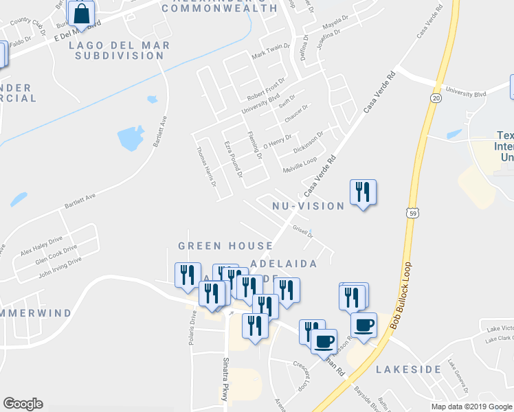 map of restaurants, bars, coffee shops, grocery stores, and more near 2307 Grisell Drive in Laredo