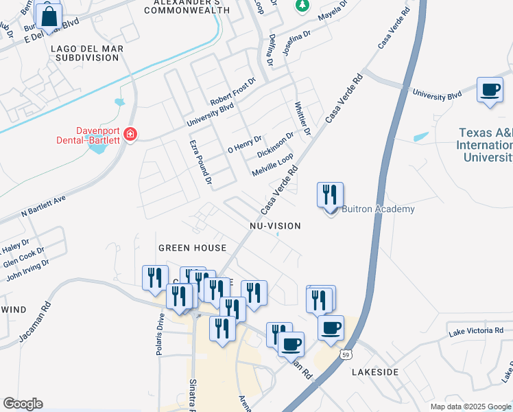map of restaurants, bars, coffee shops, grocery stores, and more near 2314 Don Beto Drive in Laredo