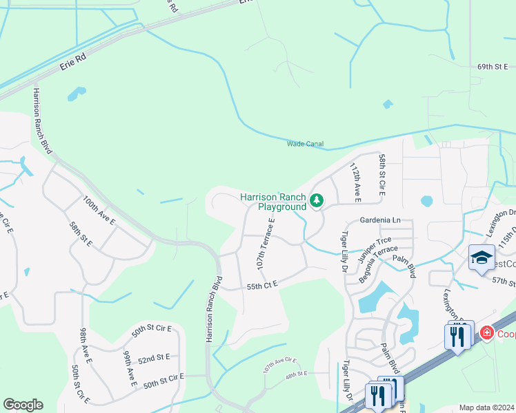 map of restaurants, bars, coffee shops, grocery stores, and more near 10611 58th Street East in Parrish