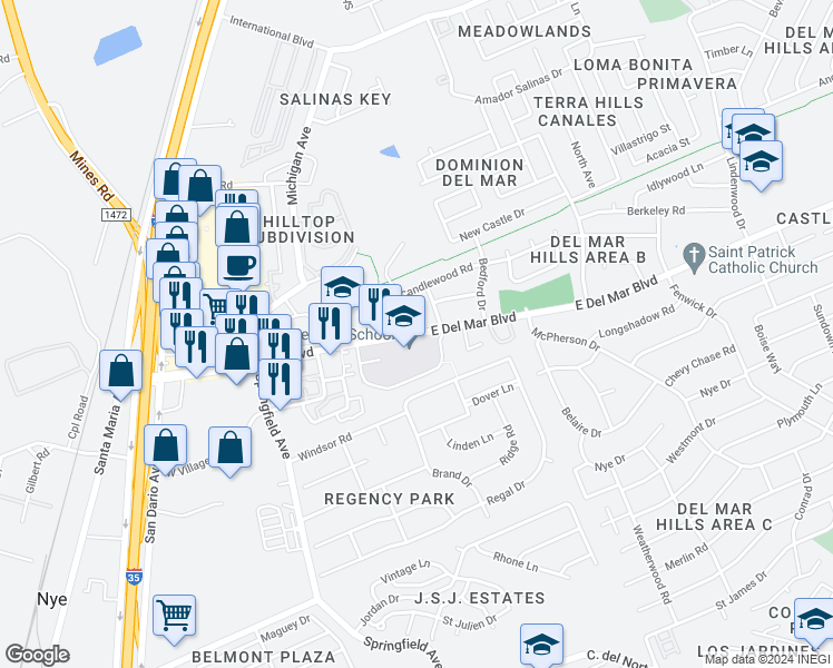 map of restaurants, bars, coffee shops, grocery stores, and more near 5 East Del Mar Boulevard in Laredo