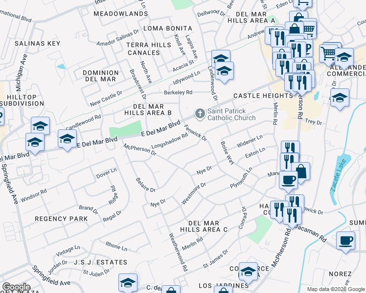 map of restaurants, bars, coffee shops, grocery stores, and more near 412 Surrey Road in Laredo