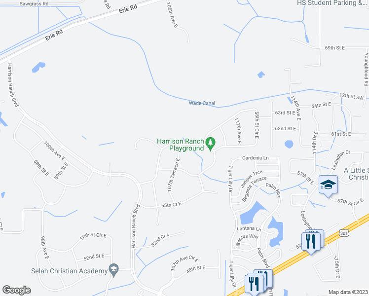 map of restaurants, bars, coffee shops, grocery stores, and more near 10709 58th Street East in Parrish