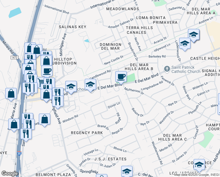 map of restaurants, bars, coffee shops, grocery stores, and more near 111 East Del Mar Boulevard in Laredo