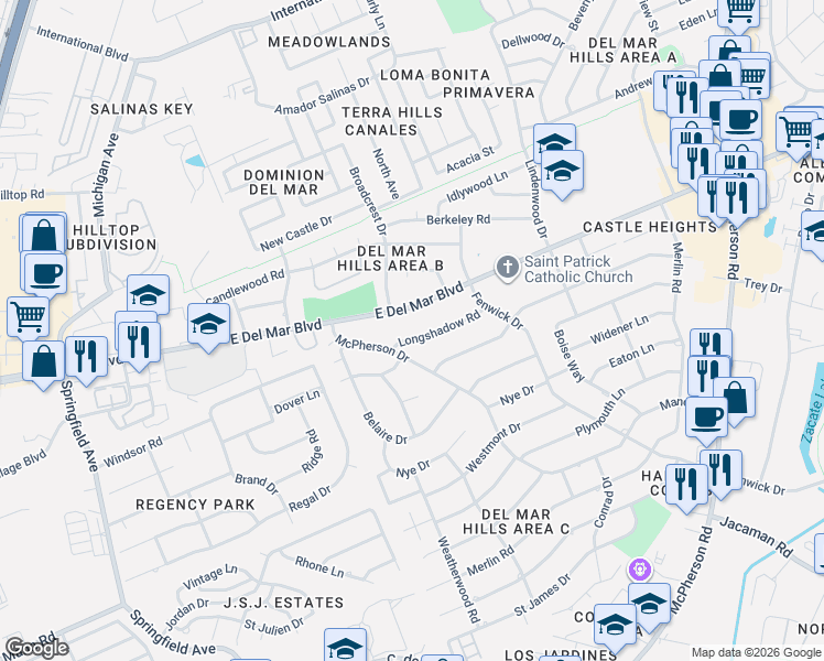 map of restaurants, bars, coffee shops, grocery stores, and more near 407 Longshadow Road in Laredo