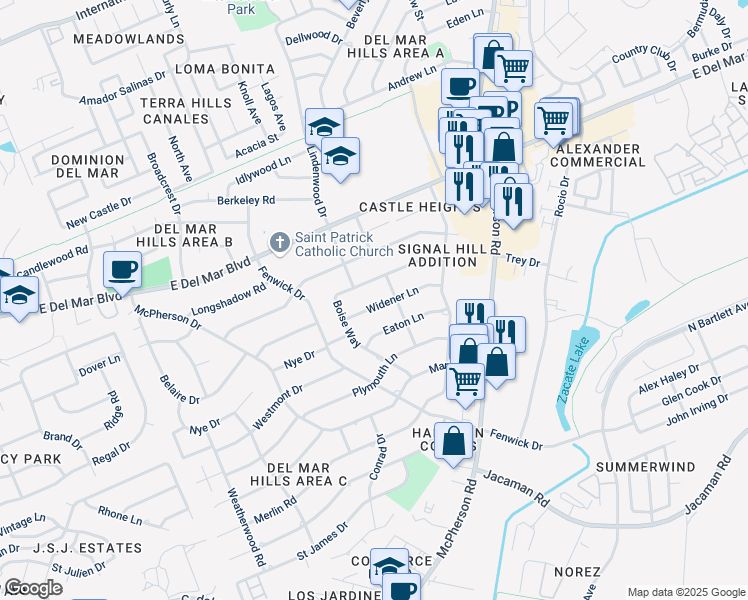 map of restaurants, bars, coffee shops, grocery stores, and more near 710 Widener Lane in Laredo