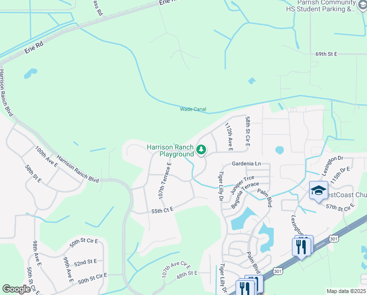 map of restaurants, bars, coffee shops, grocery stores, and more near 10709 58th Street East in Parrish