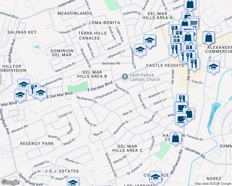 map of restaurants, bars, coffee shops, grocery stores, and more near 412 Surrey Road in Laredo