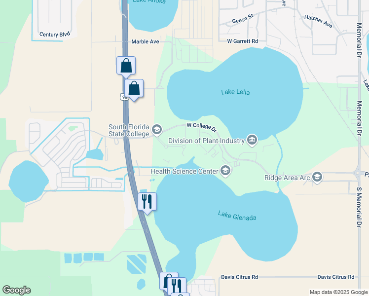 map of restaurants, bars, coffee shops, grocery stores, and more near 600 West College Drive in Avon Park