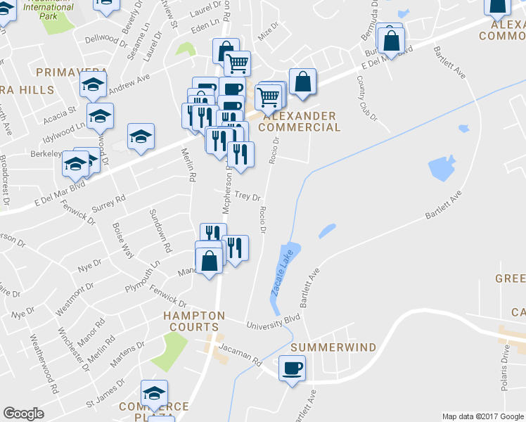 map of restaurants, bars, coffee shops, grocery stores, and more near Rocio Drive in Laredo