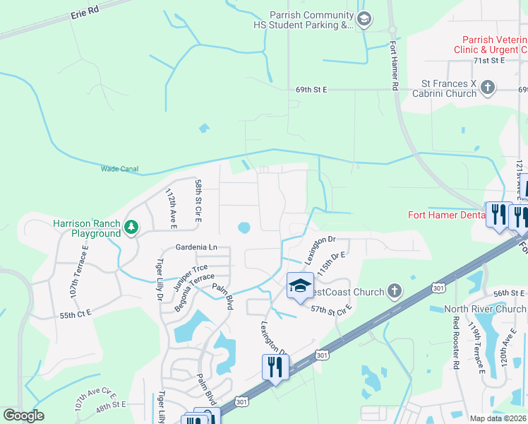 map of restaurants, bars, coffee shops, grocery stores, and more near 6202 114th Avenue East in Parrish