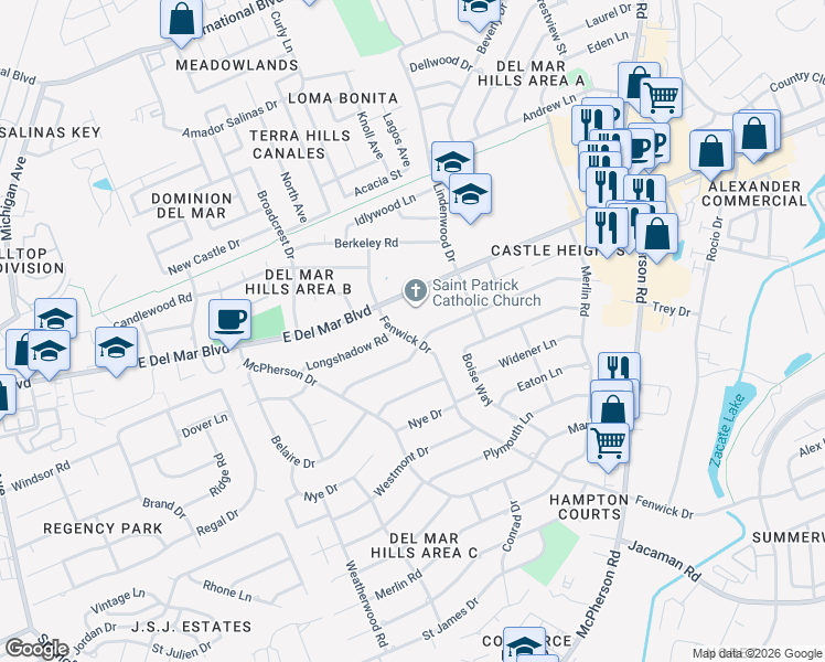 map of restaurants, bars, coffee shops, grocery stores, and more near 203 Fenwick Drive in Laredo