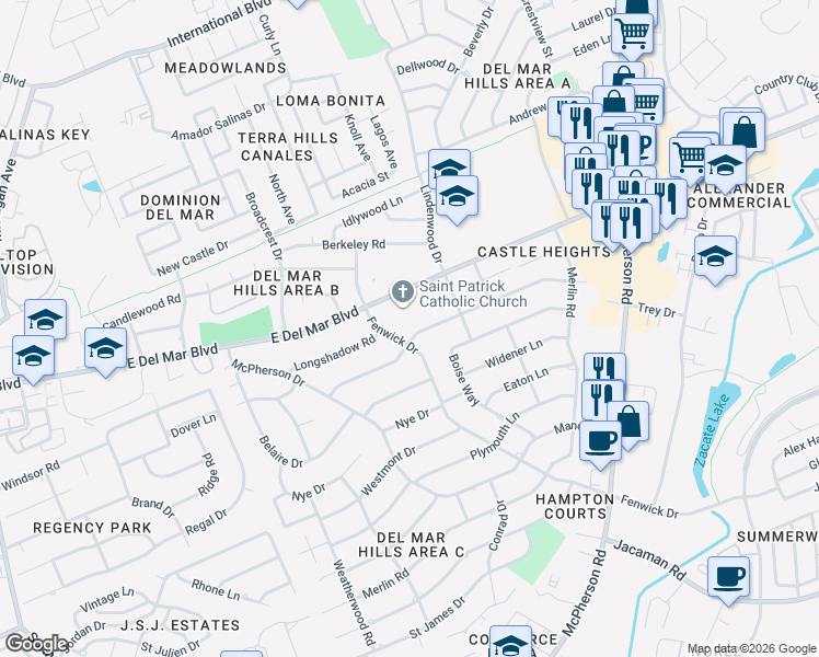 map of restaurants, bars, coffee shops, grocery stores, and more near 203 Fenwick Drive in Laredo