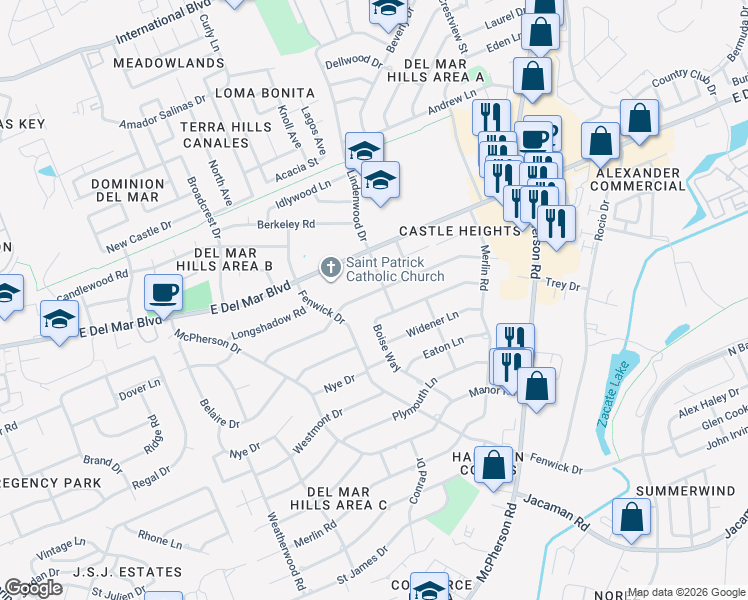 map of restaurants, bars, coffee shops, grocery stores, and more near 507 Surrey Road in Laredo
