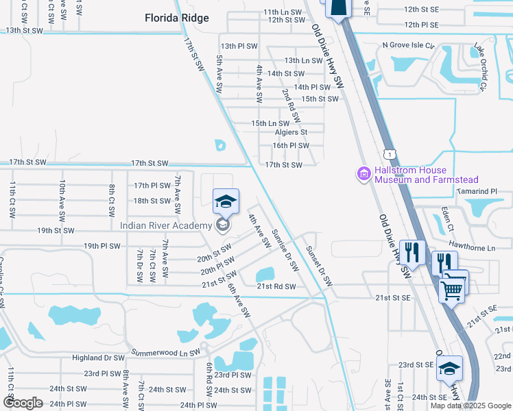 map of restaurants, bars, coffee shops, grocery stores, and more near 410 18th Place Southwest in Vero Beach