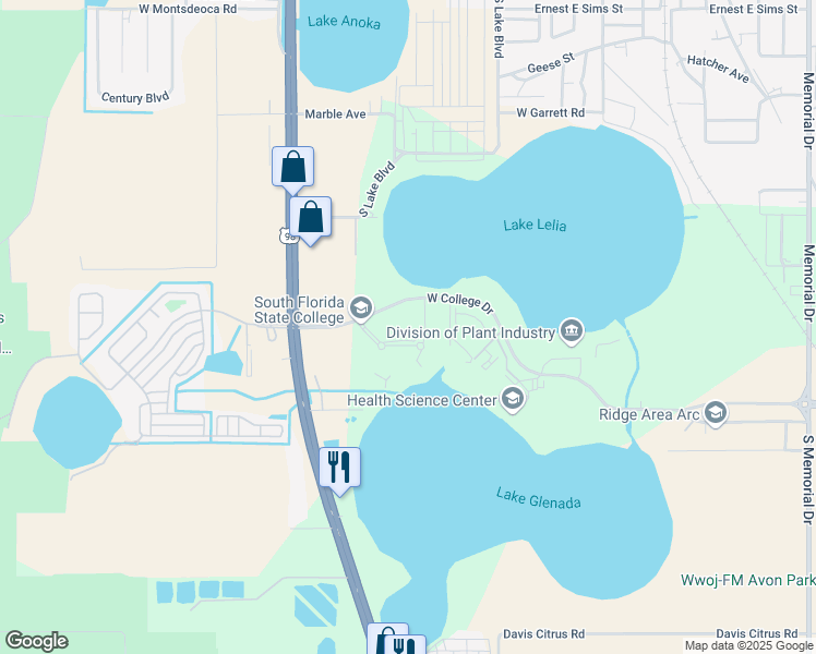 map of restaurants, bars, coffee shops, grocery stores, and more near 600 West College Drive in Avon Park
