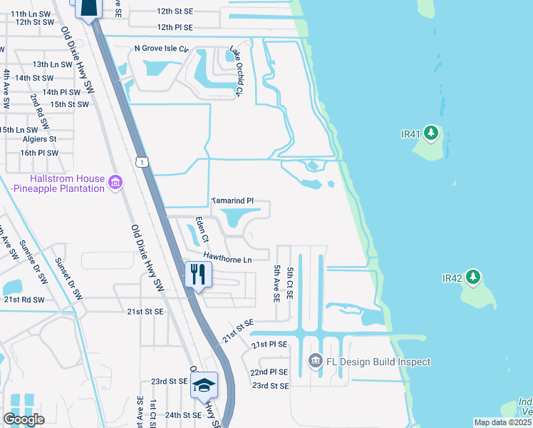 map of restaurants, bars, coffee shops, grocery stores, and more near 1825 North Garden Grove Circle in Vero Beach