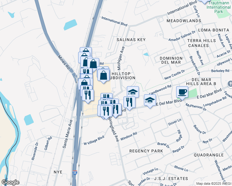 map of restaurants, bars, coffee shops, grocery stores, and more near 7330 Springfield Avenue in Laredo