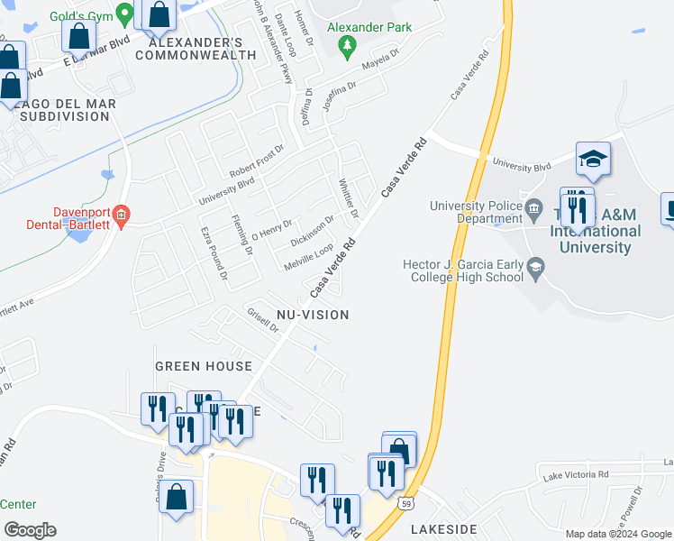 map of restaurants, bars, coffee shops, grocery stores, and more near 4212 Casa Verde Road in Laredo