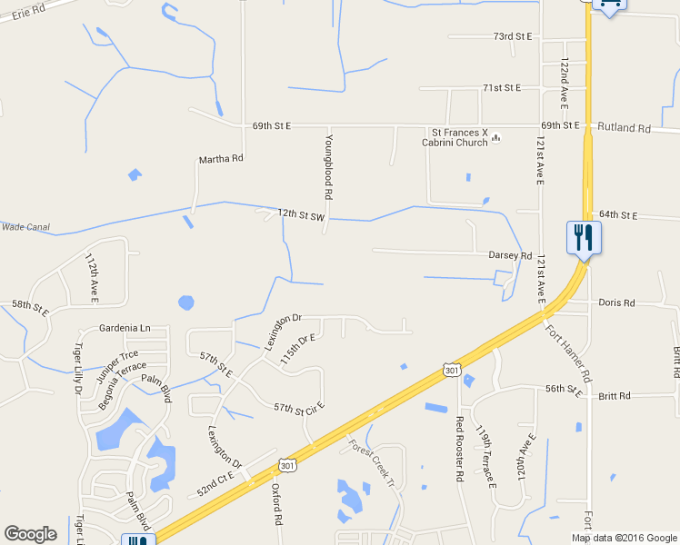map of restaurants, bars, coffee shops, grocery stores, and more near 11623 Darsey Road in Parrish