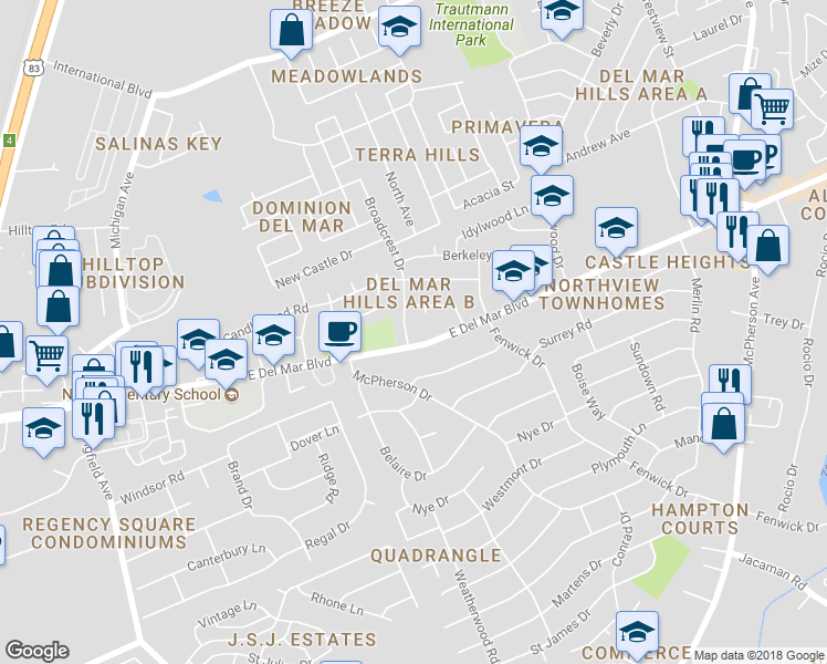 map of restaurants, bars, coffee shops, grocery stores, and more near 3 Broadcrest Drive in Laredo