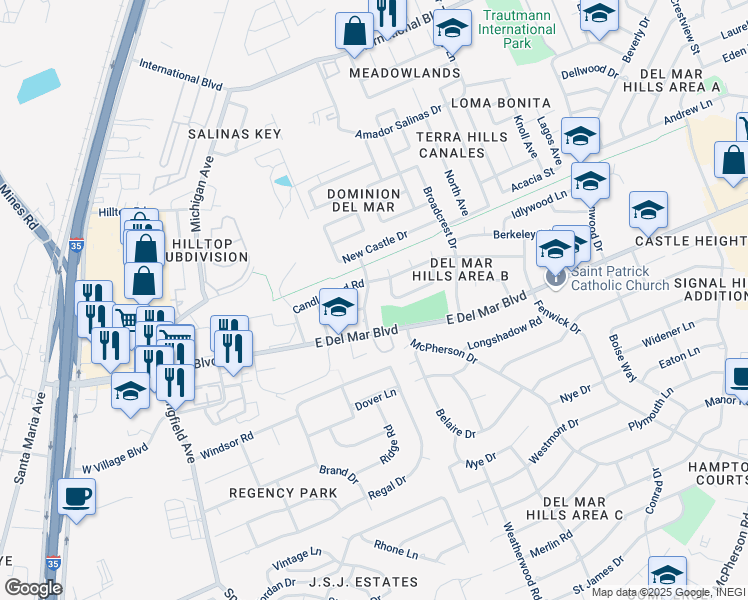 map of restaurants, bars, coffee shops, grocery stores, and more near 307 Farrell Road in Laredo