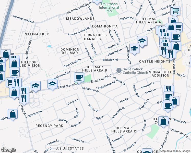 map of restaurants, bars, coffee shops, grocery stores, and more near 3 Broadcrest Drive in Laredo