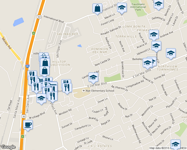 map of restaurants, bars, coffee shops, grocery stores, and more near 107 Candlewood Road in Laredo