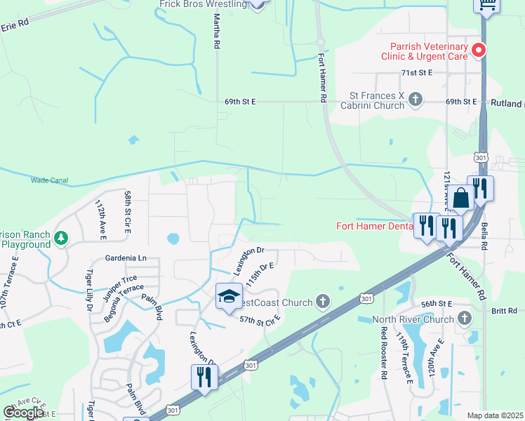 map of restaurants, bars, coffee shops, grocery stores, and more near 11623 Darsey Rd in Manatee