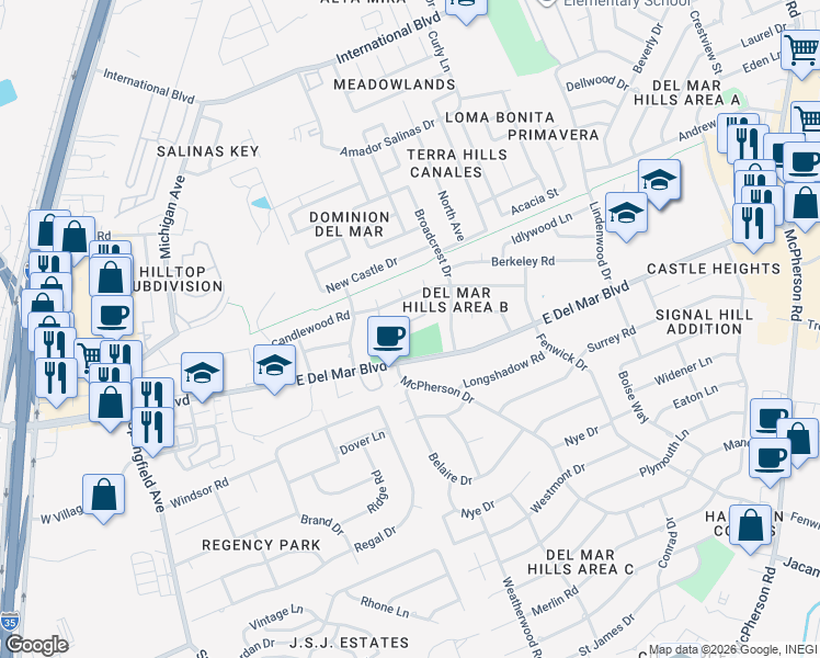 map of restaurants, bars, coffee shops, grocery stores, and more near 317 Farrell Road in Laredo