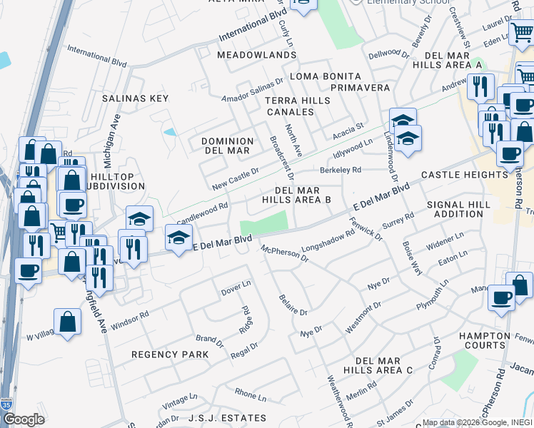 map of restaurants, bars, coffee shops, grocery stores, and more near 317 Farrell Road in Laredo